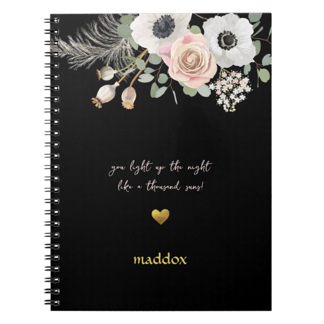 Carnet Noir personnalisé et rose floral (Devant)