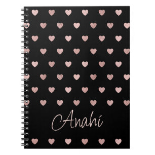Carnet Noir Rose Gold Polka Coeurs Dot Personnalisé