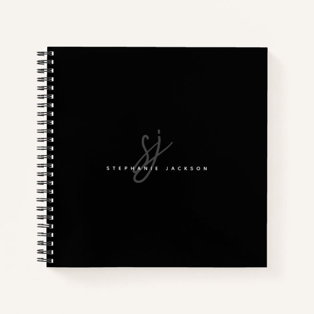 Carnet Noir Simple Minimaliste Initiales Script Monogramm (Devant)