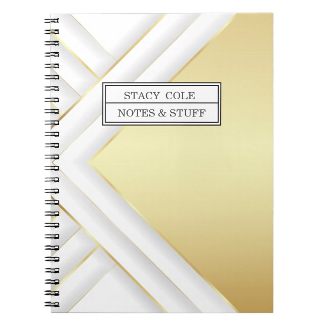 Carnet Nom blanc et or élégant Personnalisé (Devant)