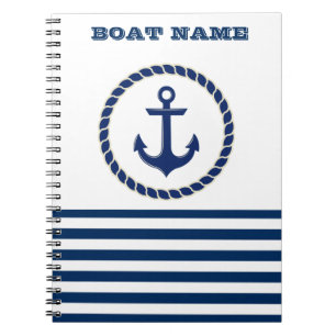 Carnet Nom de bateau nautique, ancre bleu marine rayé