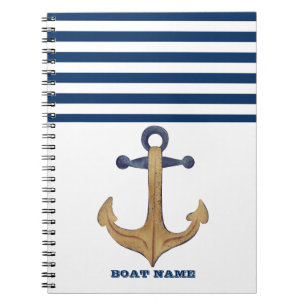 Carnet Nom de bateau nautique, Rayure bleu marine d'ancre