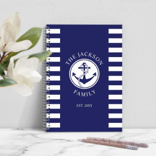 Carnet Nom de famille Ancre nautique Motif Blue Stripes