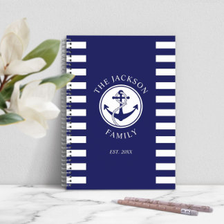 Carnet Nom de famille Ancre nautique Motif Blue Stripes