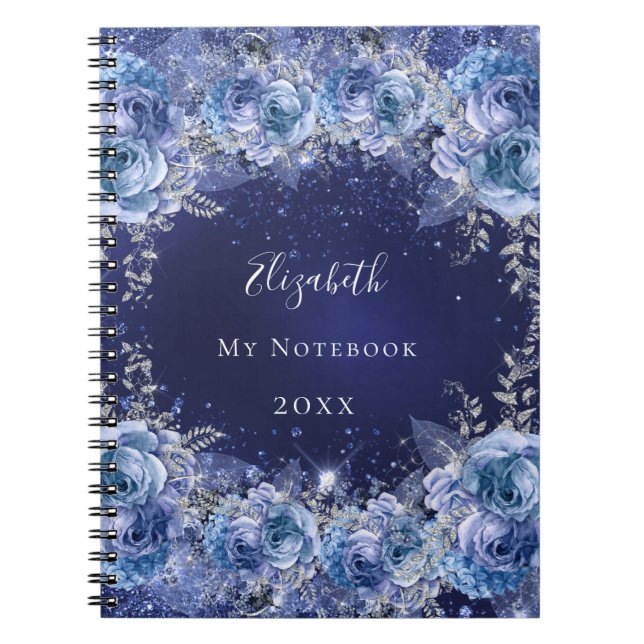 Carnet Nom de parties scintillant florale bleu glamour (Devant)