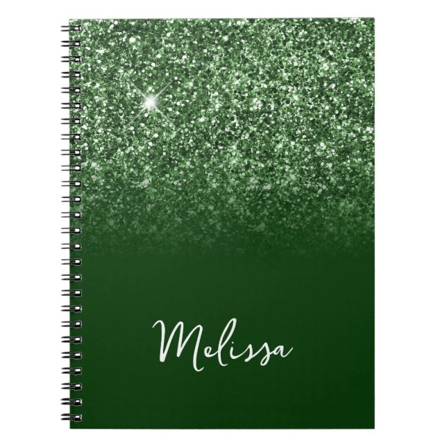Carnet Nom de script ombré pailleté vert émeraude (Devant)