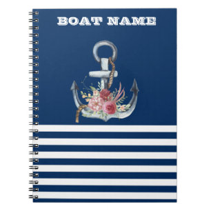 Carnet Nom du bateau, fleurs d'ancre bleu marine rayé