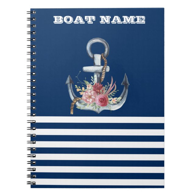 Carnet Nom du bateau, Fleurs d'Ancres Marine Bleu rayé (Devant)