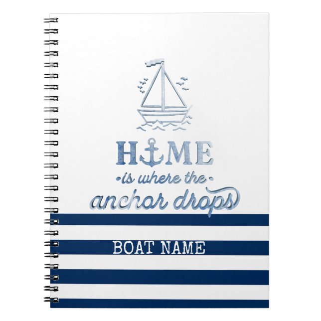 Carnet Nom du bateau nautique, Ancre Marine Bleu rayé (Devant)