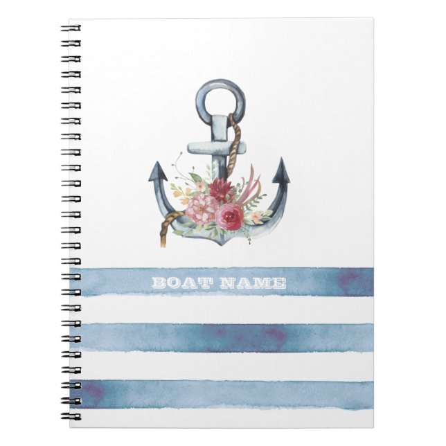 Carnet Nom du bateau nautique, Fleurs d'Ancres rayures (Devant)
