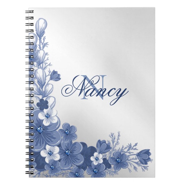Carnet Nom du monogramme Floral Blue Silver Grey Élégant (Devant)