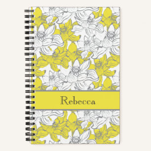 Carnet Nom du monogramme Gris jaune Fleurs florales blanc