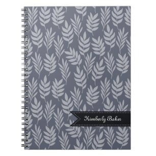 Carnet Nom élégant Moderne Ardoise Gris Feuille Motif