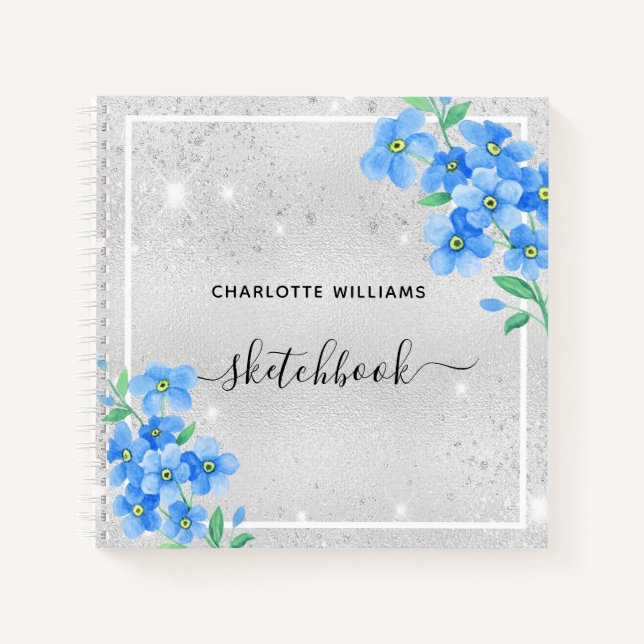 Carnet Nom floral bleu argenté (Devant)