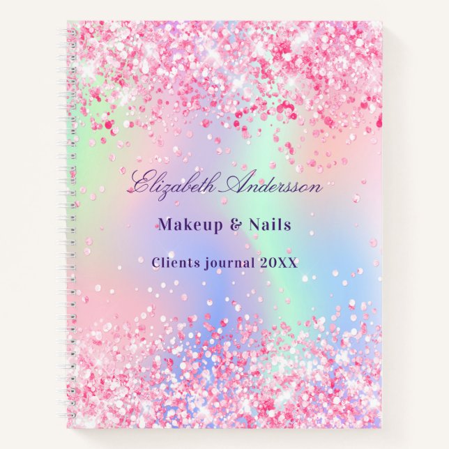 Carnet Nom holographique rose pastel pour entreprise (Devant)