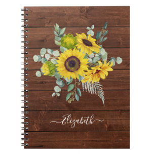 Carnet Nom Monogrammé Photo Bois Rustique Tournesol