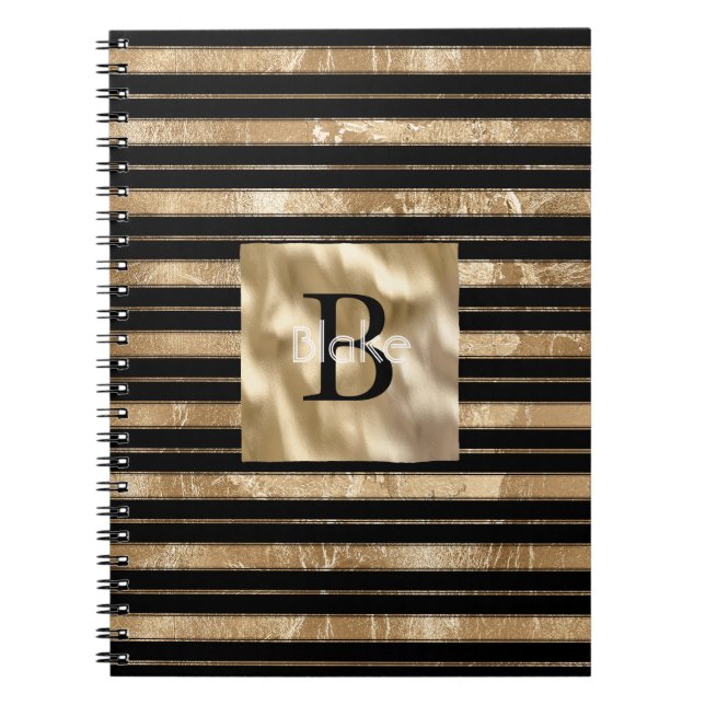 Carnet Nom Monogramme Rayures Noir Or (Devant)