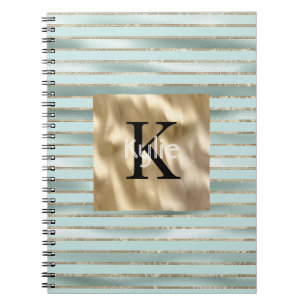 Carnet Nom Monogramme Rayures Vert Menthe Or