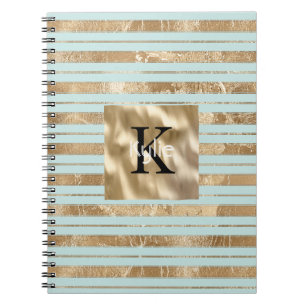 Carnet Nom Monogramme Rayures Vert Mint Or