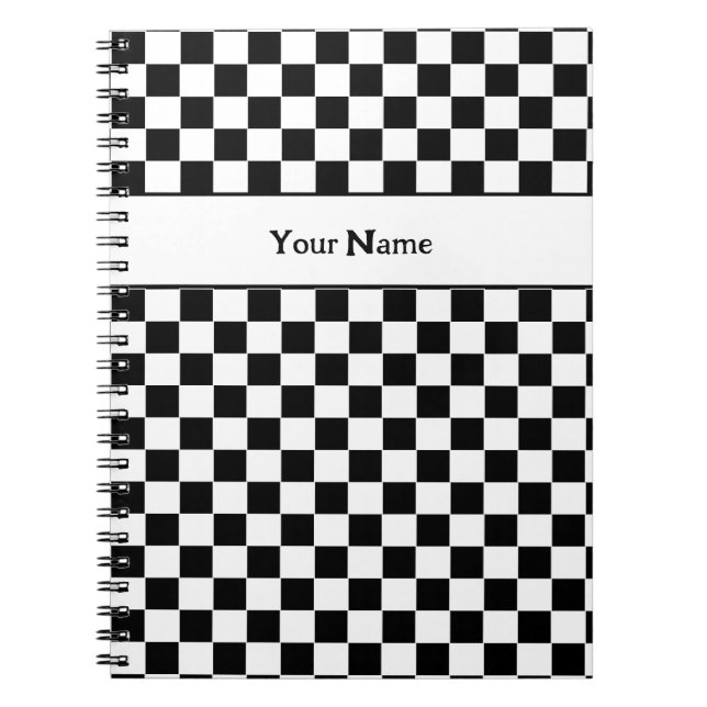 Carnet Nom personnalisé À damiers noir et blanc classique (Devant)