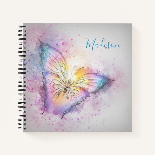 Carnet Nom personnalisé Aquarelle Papillon coloré (Devant)
