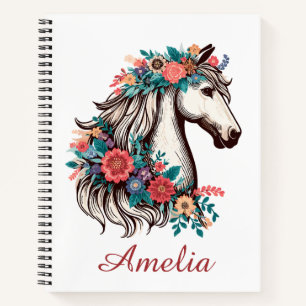 Carnet Nom personnalisé Boho Horse avec Fleurs