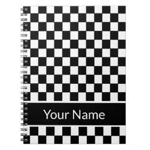 Carnet Nom personnalisé Checkered noir et blanc