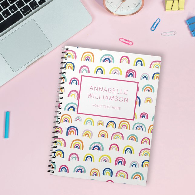 Carnet Nom personnalisé du motif arc-en-ciel (Cute rainbow notebook.  Personalize with your name & choice of text. Back to school. Kids stationery)