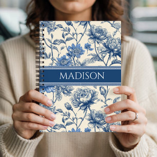 Carnet Nom personnalisé Fleurs bleues vintage Floral mo