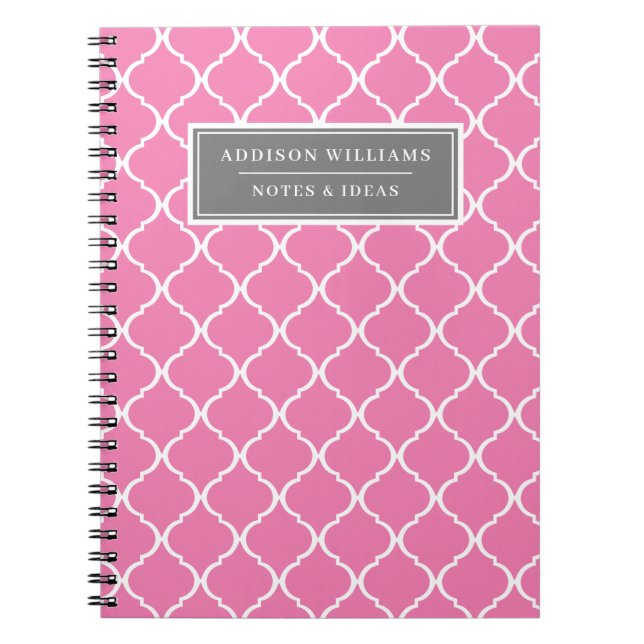 Carnet Nom personnalisé Motif en treillis gris rose (Devant)