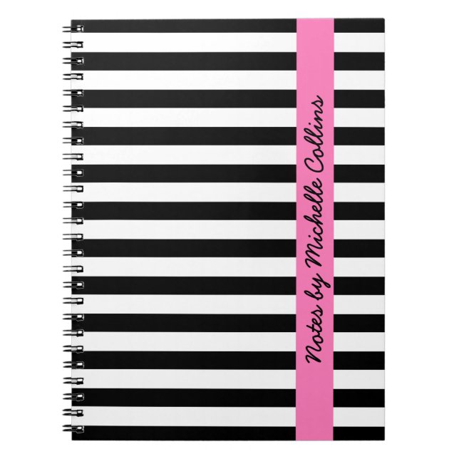 Carnet Nom personnalisé par rose noir et blanc de rayures (Devant)