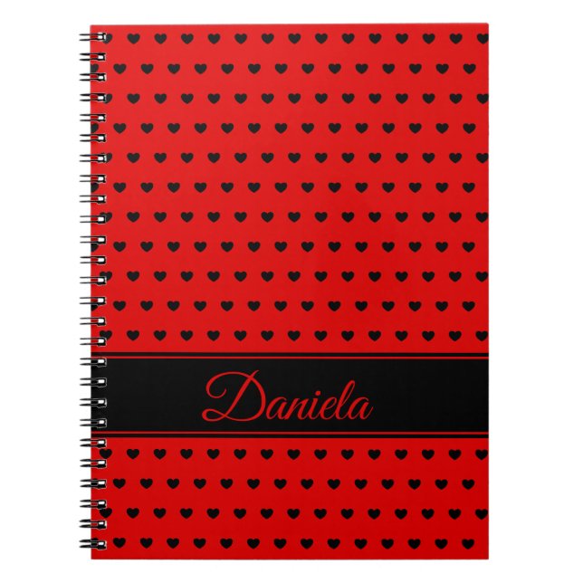 Carnet Nom personnalisé - Rouge avec coeur noir (Devant)