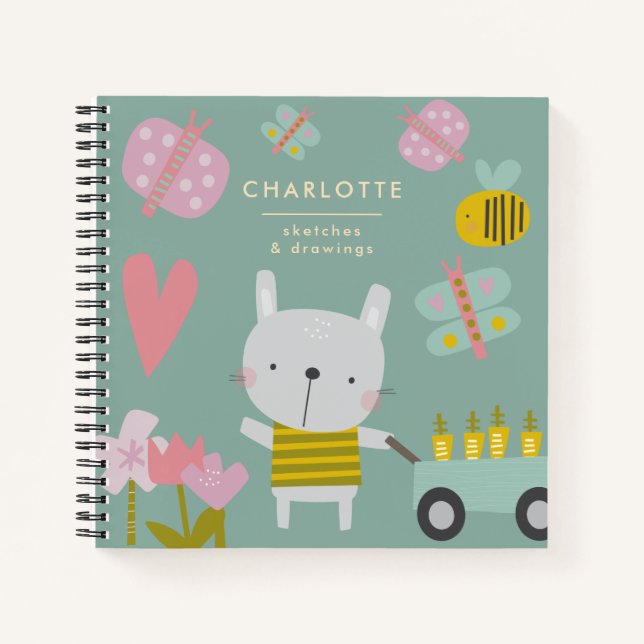 Carnet Nom personnalisé Sketchbook Jouer Lapin Floral (Devant)