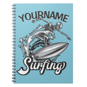 Carnet NOM personnalisé Surfer Big Wave Skeleton Surfing
