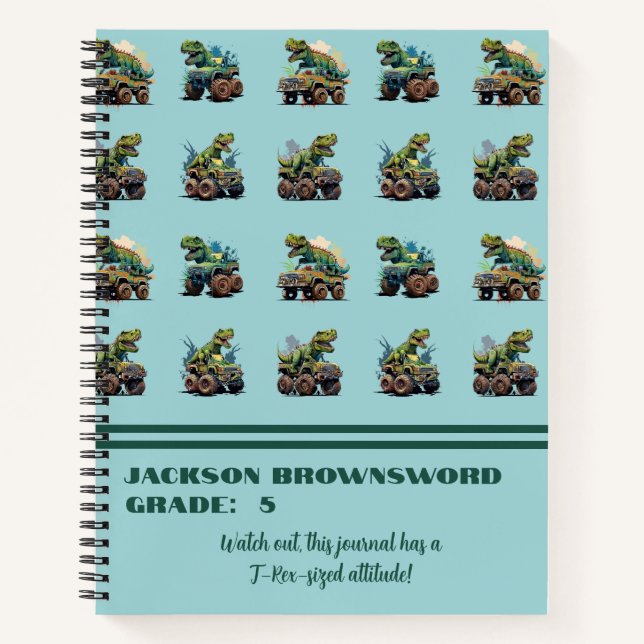 Carnet Nom personnalisé T-Rex Dinosaur Motif Bleu Vert (Devant)