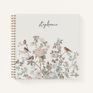 Carnet Nom personnalisé tendance fleurs sauvages et oisea