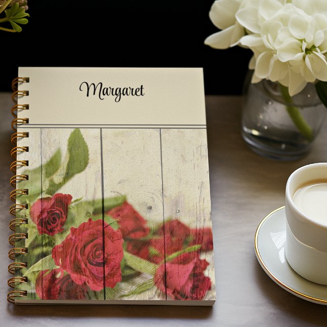Carnet Nom, Roses rouges peintes sur bois Patiné Photo (Créateur téléchargé)