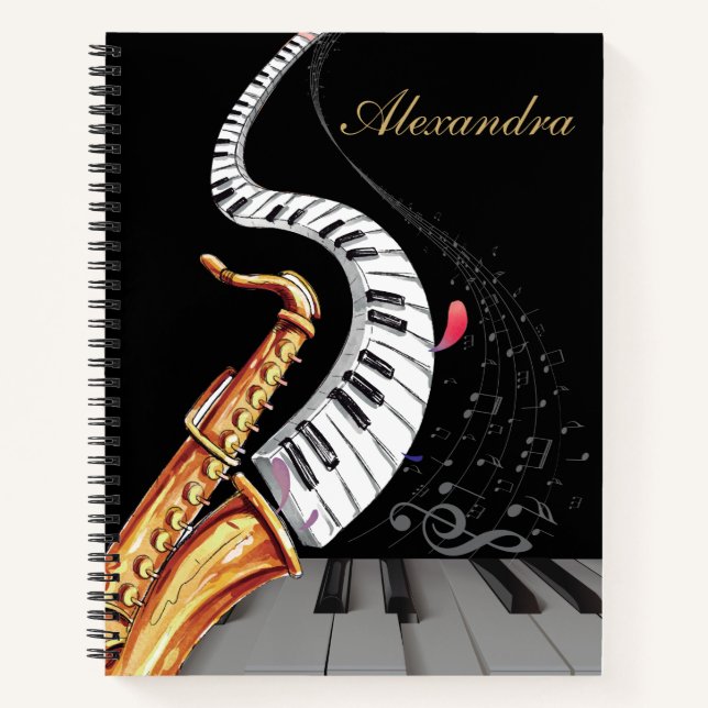 Carnet Note de musique de piano saxophone personnalisé (Devant)