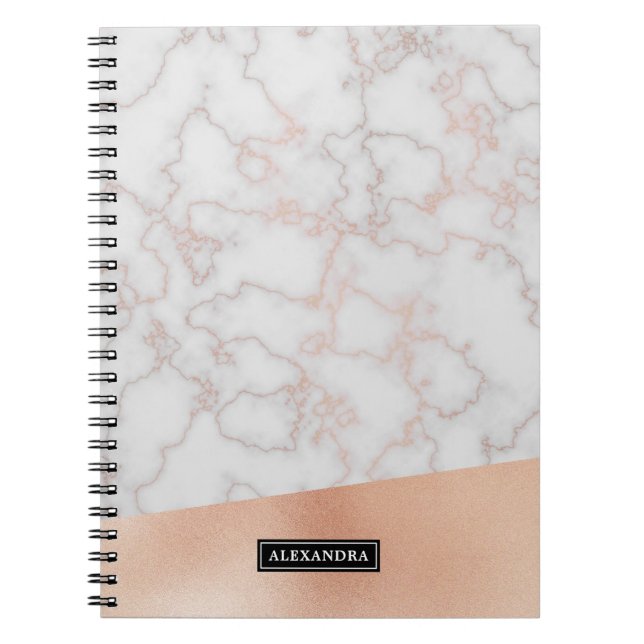 Carnet Notebook de nom personnalisé Marble Faux Rose Gold (Devant)