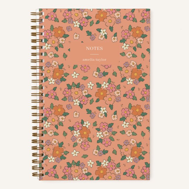 Carnet Notes de fleurs rétro pêche Nom personnalisé (Recto)