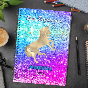 Carnet Nouveaux débuts licorne dorée Monogramme pailleté