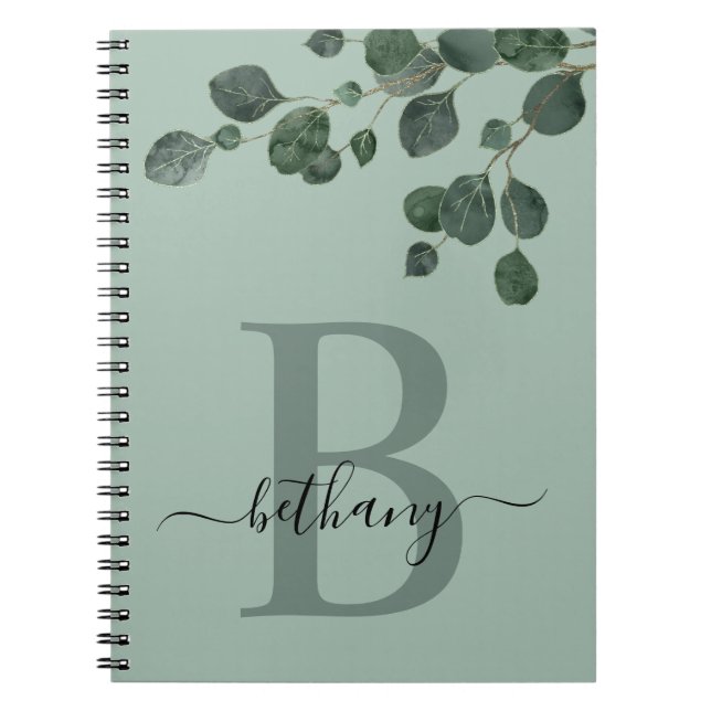 Carnet Nuances de vert Eucalyptus Monogramme botanique (Devant)