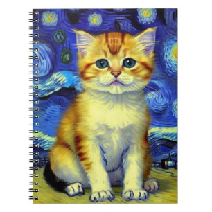 Carnet Nuit étoilée de Van Gogh avec un petit chat mignon