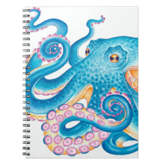 Carnet Octopus bleu Kraken Orange Rose Aquarelle