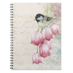 Carnet Oiseau et fleurs avec écriture manuscrite Shabby V