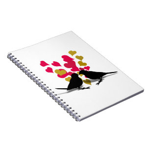 Carnet Oiseaux de l'amour avec des cœurs rouges et dorés