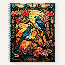 Oiseaux de verre coloré sur les branches de fleurs