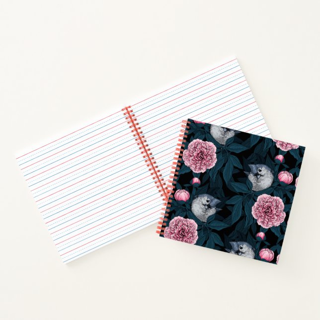 Carnet Oiseaux et fleurs de pivoines roses avec feuille (Intérieur)