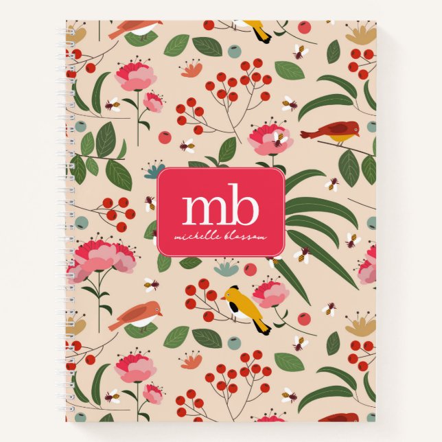 Carnet Oiseaux floraux dessinés à la main Abeilles Monogr (Devant)