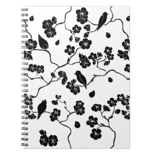 Carnet Oiseaux Motifs noirs et blancs sur les fleurs de c